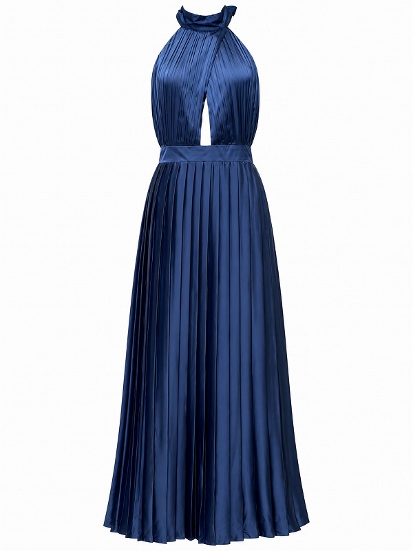 【新品DRESS 964】ホルターネックハイネックフロントカットプリーツフレアロングドレス ブルー【tfnc】